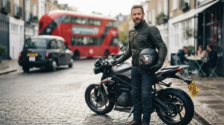 A high-gloss mirror visor fitted on a motorcycle helmet against a classic British urban backdrop, available for under £30. mirror visor under £30