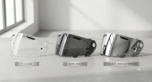 Visual comparison chart showing clear, dark smoke, and replacement mirrored visors for full-face helmets.
