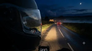 Clear night-time view through a fully un-tinted transitions visor on a motorbike helmet during an evening ride.