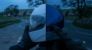 Visual demonstration highlighting why blue mirror visors should be swapped for clear alternatives during British evening or night rides.