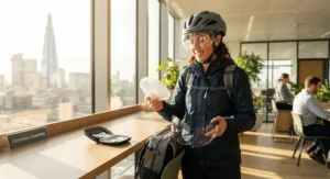 A smiling commuter packing away spare lenses, showcasing the convenience of a single photochromic visor for daily journeys