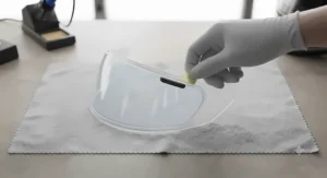 Peeling the protective film off a newly installed pinlock anti-fog visor insert.