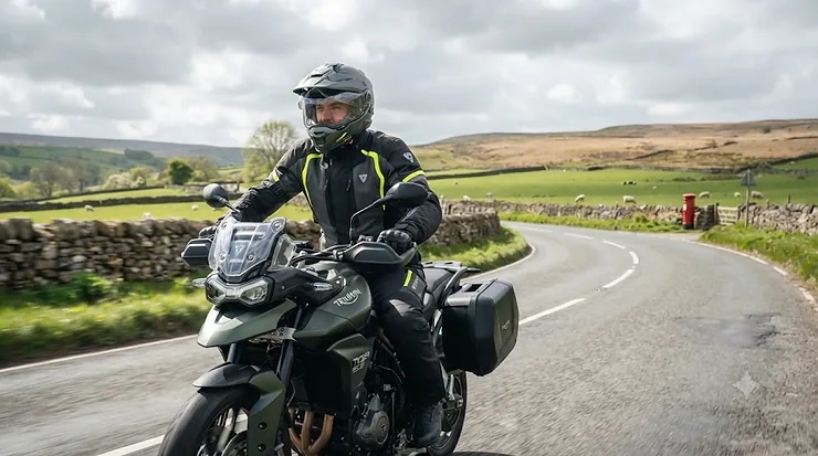 Photochromic motorcycle visor adapting to changing light on a British country road photochromic motorcycle visor