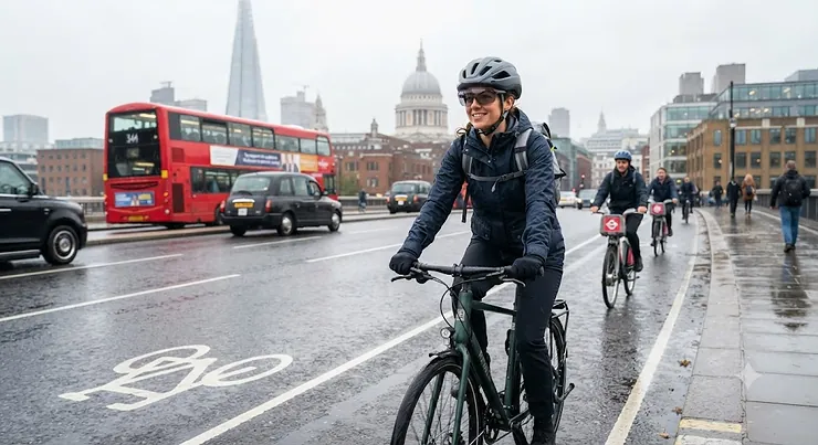 Cyclist wearing a helmet with a photochromic visor for commuters navigating a wet London street during a drizzly morning photochromic visor for commuters