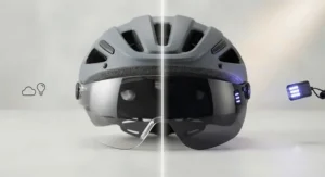 Side-by-side comparison of a photochromic visor for commuters shifting from clear indoors to tinted under bright sunlight