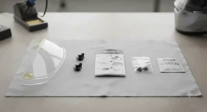 Close-up of pinlock visor insert fitting kit components including anti-fog lens and adjustment pins.