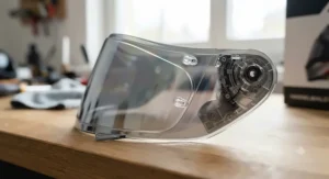 Interior view of a pinlock-ready replacement mirrored visor showing anti-fog insert pins.