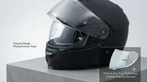 Interior view of an anti-fog insert fitted neatly inside a transitions visor for a motorbike helmet.