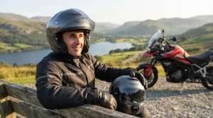 Touring rider taking a break on a sunny day, showcasing comfort and reduced eye strain from an adaptive visor.