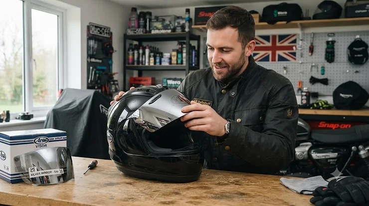 Replacement mirrored visor fitted to a full-face motorcycle helmet, showing the reflective chrome coating. replacement mirrored visor for full face helmet