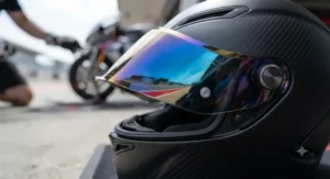 First-person view looking through a quality mirror visor while leaning into a corner on a motorcycle track day.