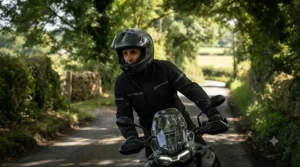 Motorcyclist riding along a tree-lined UK country lane, demonstrating seamless visibility transitions in dappled sunlight.