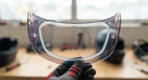 Water beading off the hardened, scratch-resistant surface of a premium motorcycle mirror visor.