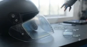 Close-up of scratch-resistant protective coating on a durable photochromic visor