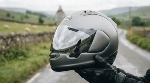 Close-up of a reflective silver iridium motorcycle helmet visor reflecting an overcast British sky during daytime use.