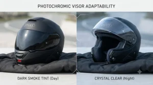 Side-by-side comparison showing how a transitions motorbike helmet visor darkens in bright sunlight and clears up at night.