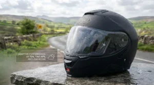 A motorbike helmet with a transitions visor adapting to sudden changes between overcast skies and bright sunshine.