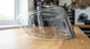 Detailed view of safety standard markings etched into the edge of a replacement helmet visor.