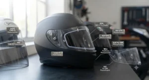Universal fit guide showing photochromic visor compatibility with major motorcycle helmet brands