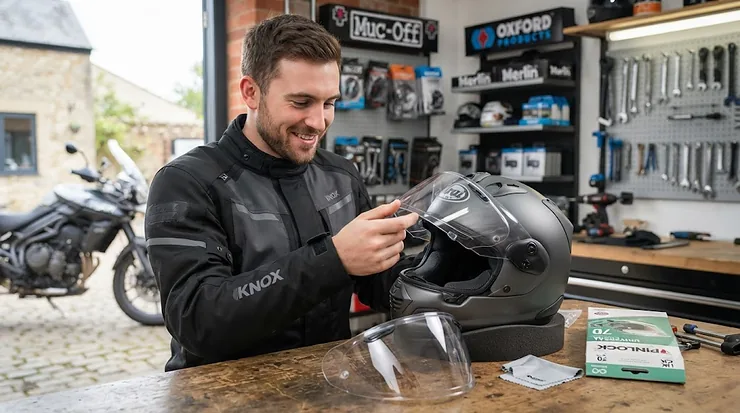 A clear close-up of a universal Pinlock insert fitted inside a motorcycle helmet visor, effectively preventing fogging for clear British winter riding vision. universal pinlock insert for helmets