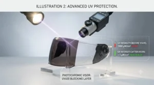 Close-up diagram highlighting UV block protection on a photochromic visor for a motorcycle helmet.