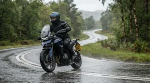 A rider wearing a helmet equipped with a pinlock anti-fog insert during a damp, chilly morning commute.