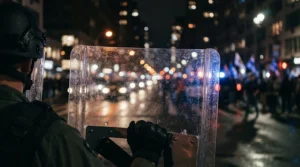 Night-time view through a helmet visor featuring a clear pinlock anti-fog insert amidst glowing street lights.
