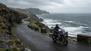 Riding along a chilly seaside road with a pinlock insert for winter riding installed