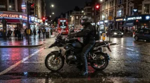 A nighttime city commuter relying on a pinlock insert for winter riding to keep vision clear