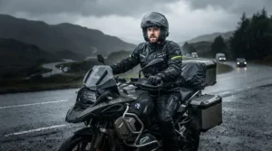 Demonstrating a pinlock insert for winter riding during heavy downpours on a motorway