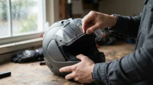 A motorcyclist fitting a pinlock insert under £15 into their visor during a wet morning commute in London.