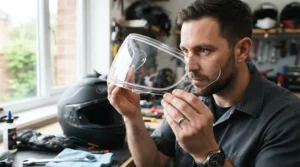Demonstrating how a pinlock insert under £15 prevents misting on a motorcycle helmet visor.