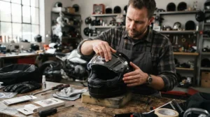 A rider carefully applying a value pinlock insert under £15 to a helmet visor in a well-lit garage workshop.