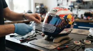 Demonstration of precise visor laminate stacking when installing tear-off laminates for helmet visor setups