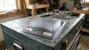 Retail packaging for a tear-off visor pack sitting on a tool chest in a race van