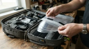 Quickly grabbing a new tear-off visor pack from a kit bag during a motocross pit stop