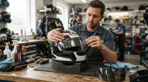 Preparing a fresh tear-off visor pack in the paddock before heading out onto the track