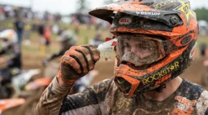 Rider clearing mud using universal tear-offs for motocross goggles during a race